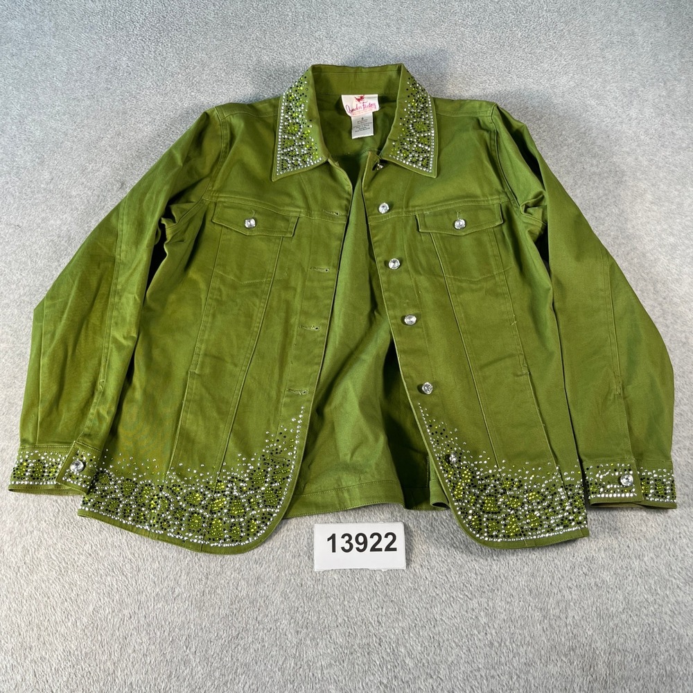 Quacker Factory Jacket Womens Small Green Cotton Stretch Rhinestone Button Up